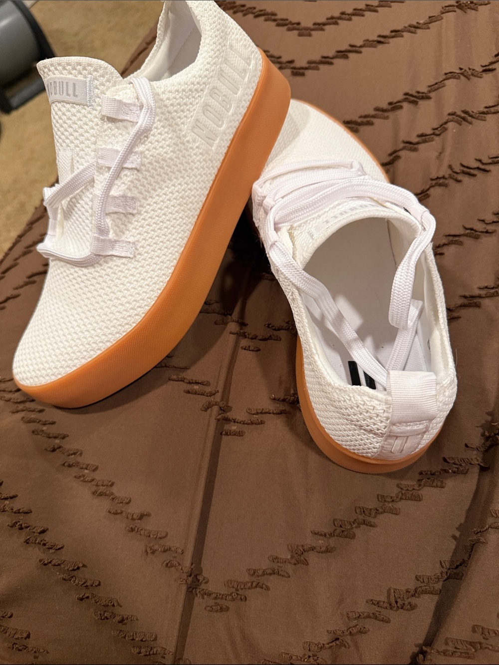 NOBULL White Knit Slip-On Sneakers with Orange Sole